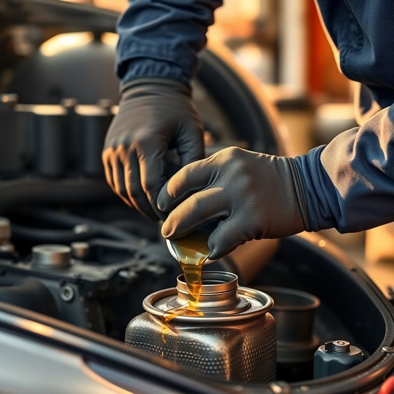 Mecánico cambiando el aceite del motor de un coche en el taller Homepathq