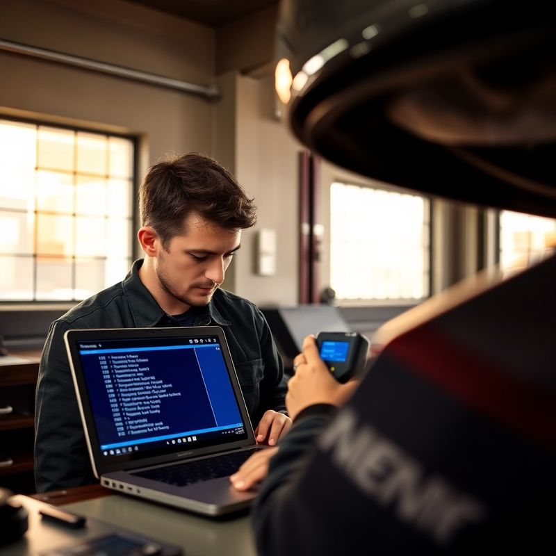 Mecánico conectando un escáner OBD-II al puerto de datos de un vehículo en el taller Homepathq